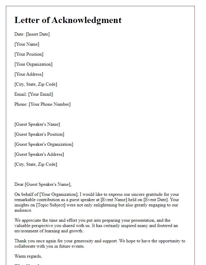 Letter template of Acknowledgment for Guest Speaker Contributions