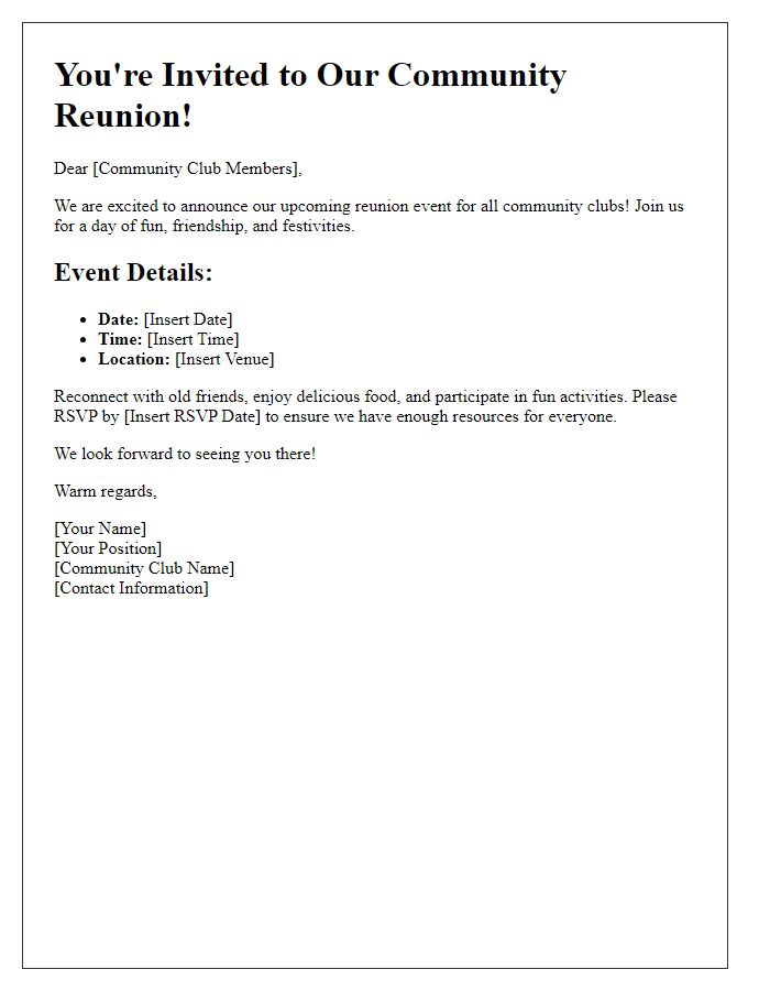 Letter template of reunion event invitation for community clubs