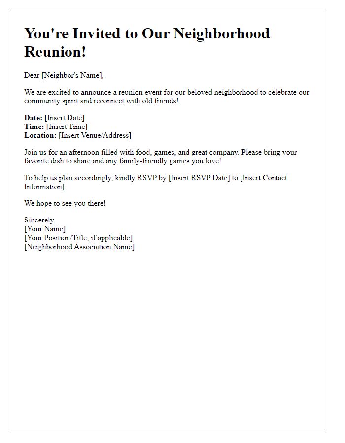 Letter template of reunion event invitation for neighborhood associations