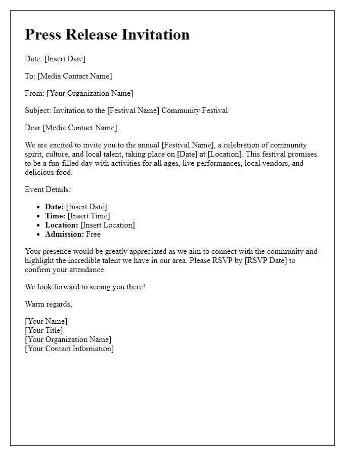 Letter template of press release invitation for community festival