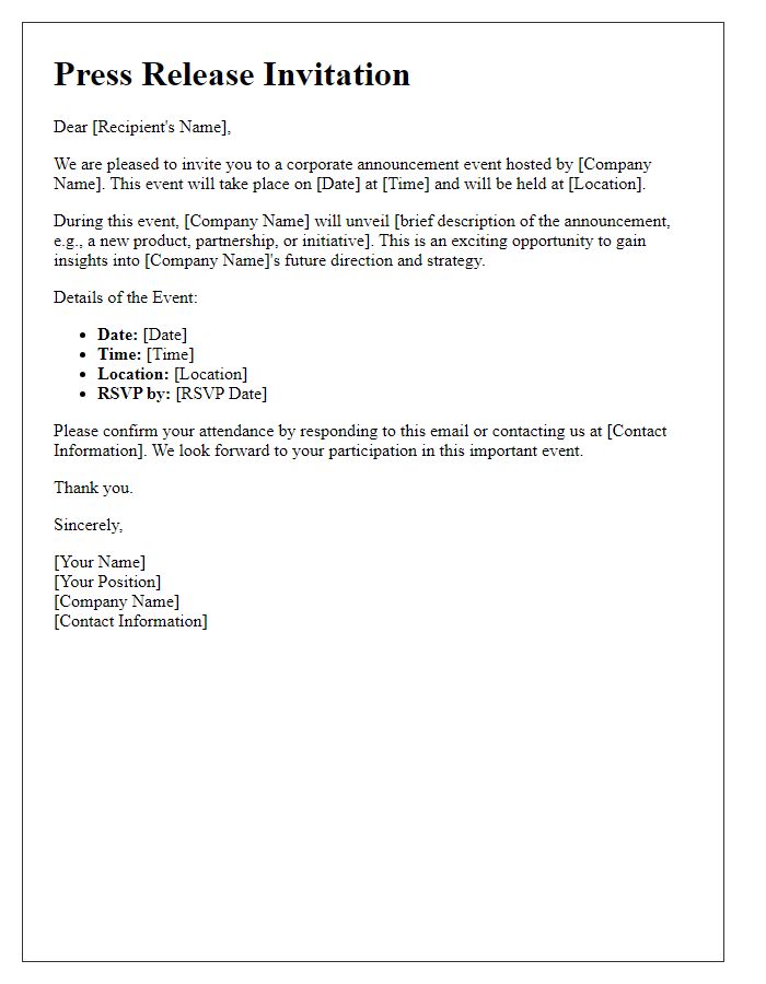 Letter template of press release invitation for corporate announcement