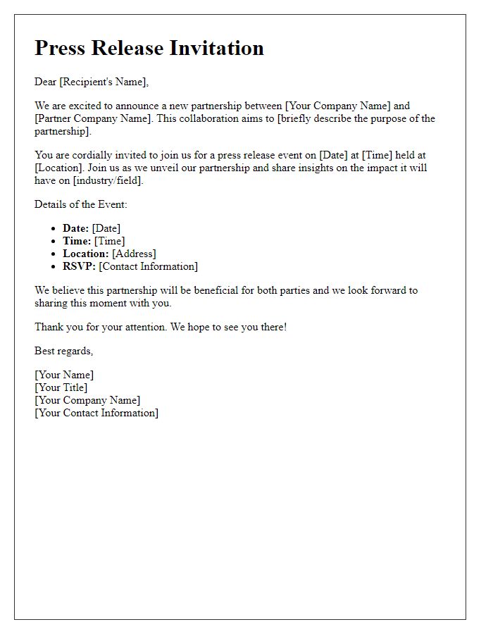 Letter template of press release invitation for partnership announcement