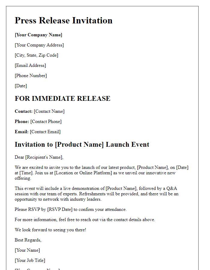 Letter template of press release invitation for product launch