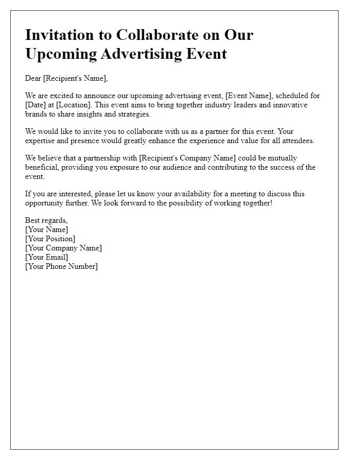 Letter template of collaboration invitation for advertising event.