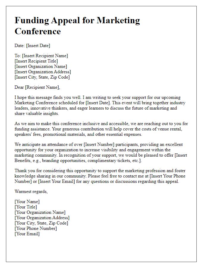 Letter template of funding appeal for marketing conference.