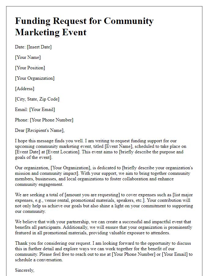 Letter template of funding request for community marketing event.