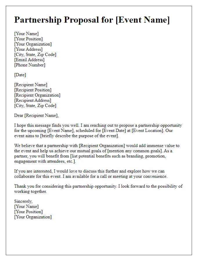 Letter template of partnership proposal for promotional event.