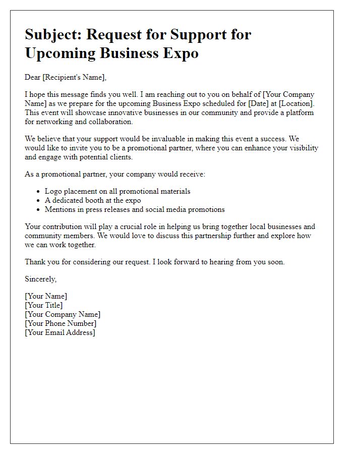 Letter template of promotional support solicitation for business expo.