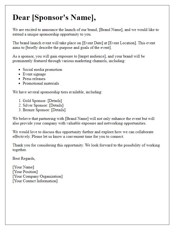 Letter template of sponsorship opportunity for brand launch event.