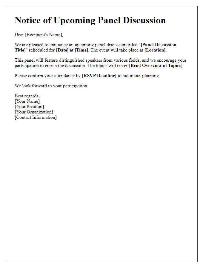 Letter template of notice for upcoming panel discussion and participation