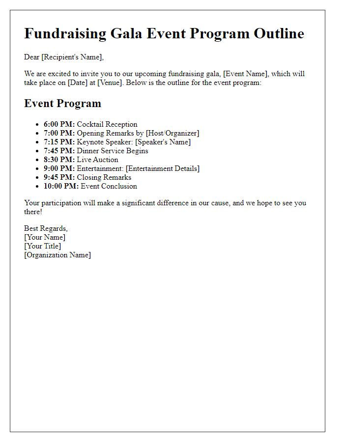 Letter template of fundraising gala event program outline