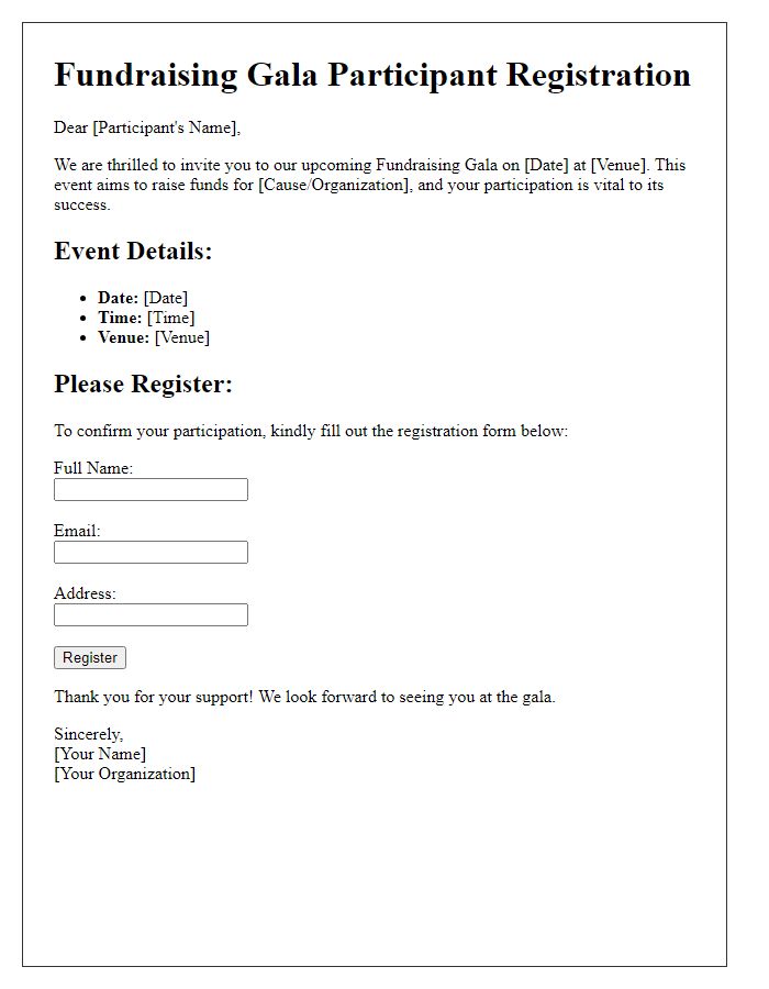 Letter template of fundraising gala participant registration