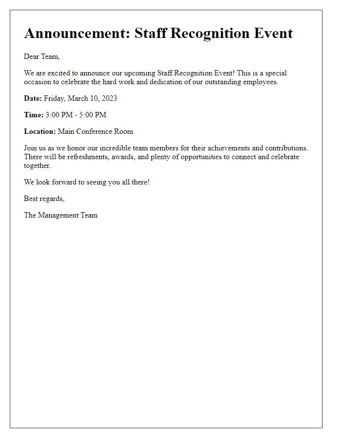 Letter template of announcement for staff recognition event