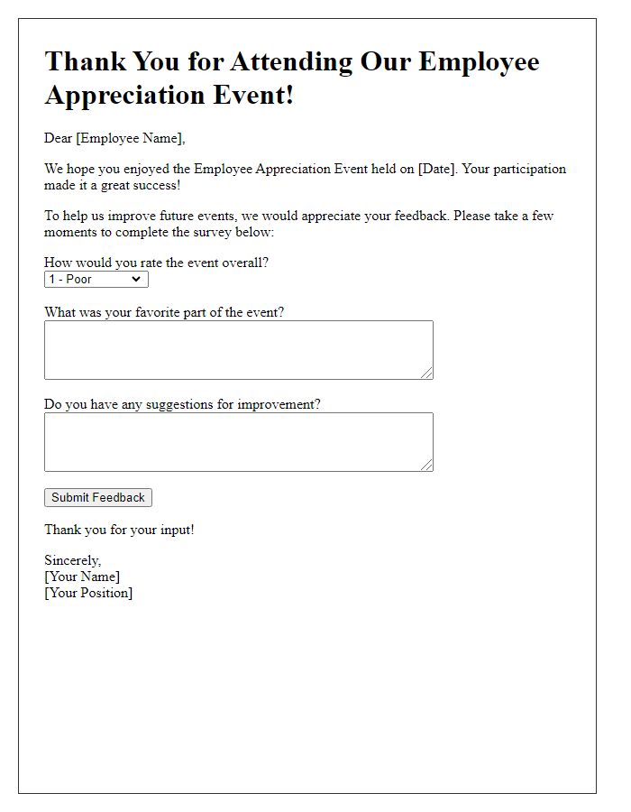 Letter template of feedback survey after employee appreciation event