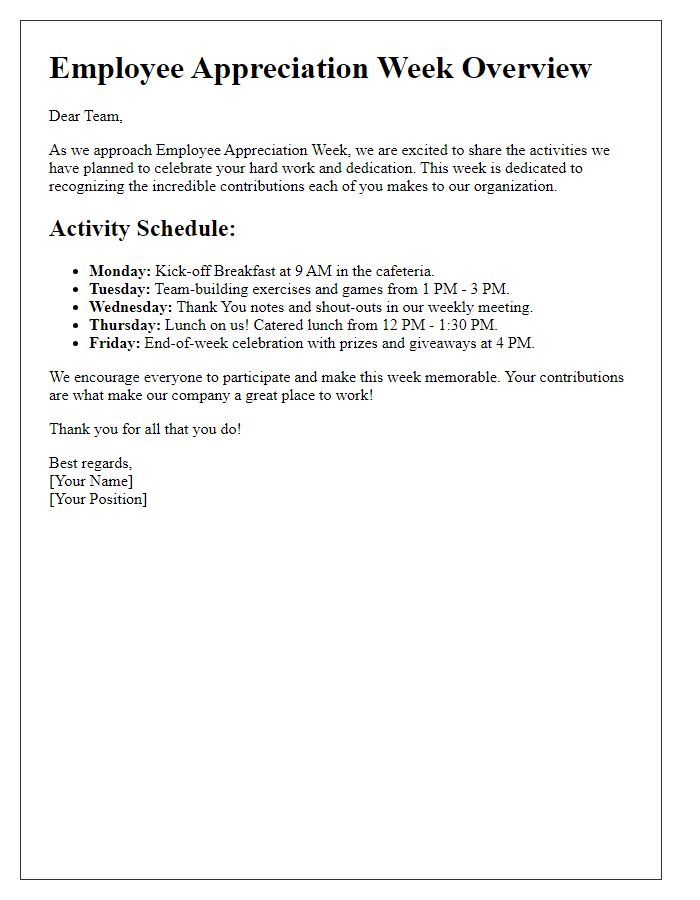 Letter template of overview for employee appreciation week activities