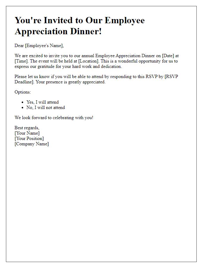 Letter template of RSVP request for employee appreciation dinner