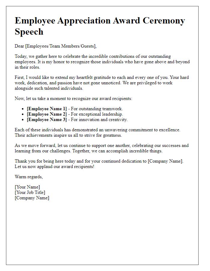 Letter template of speech for employee appreciation award ceremony