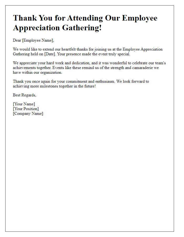 Letter template of thank you message for employee appreciation gathering