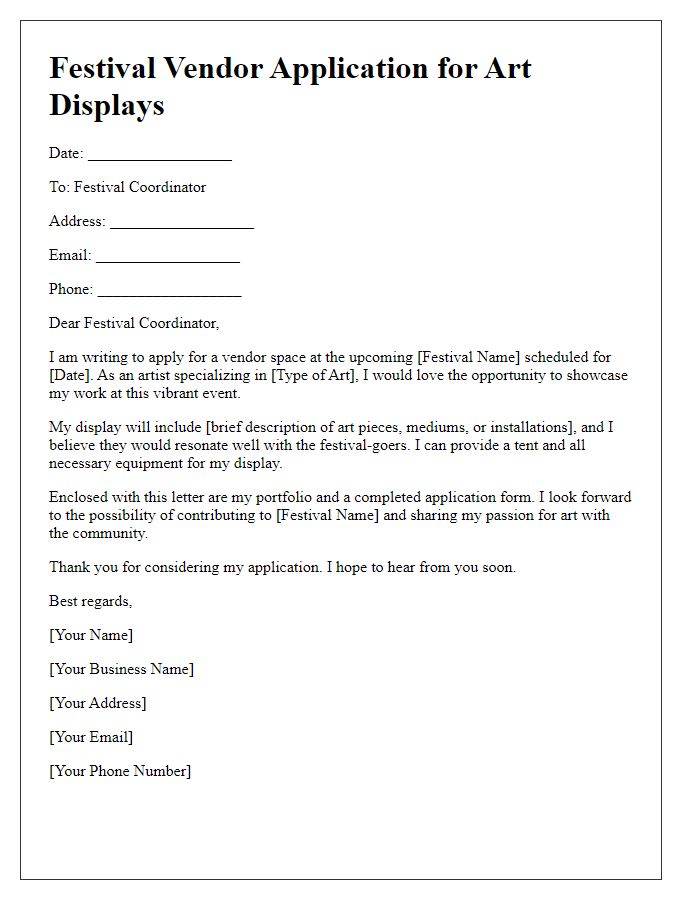 Letter template of festival vendor application for art displays