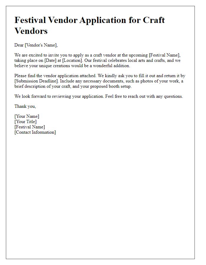 Letter template of festival vendor application for craft vendors