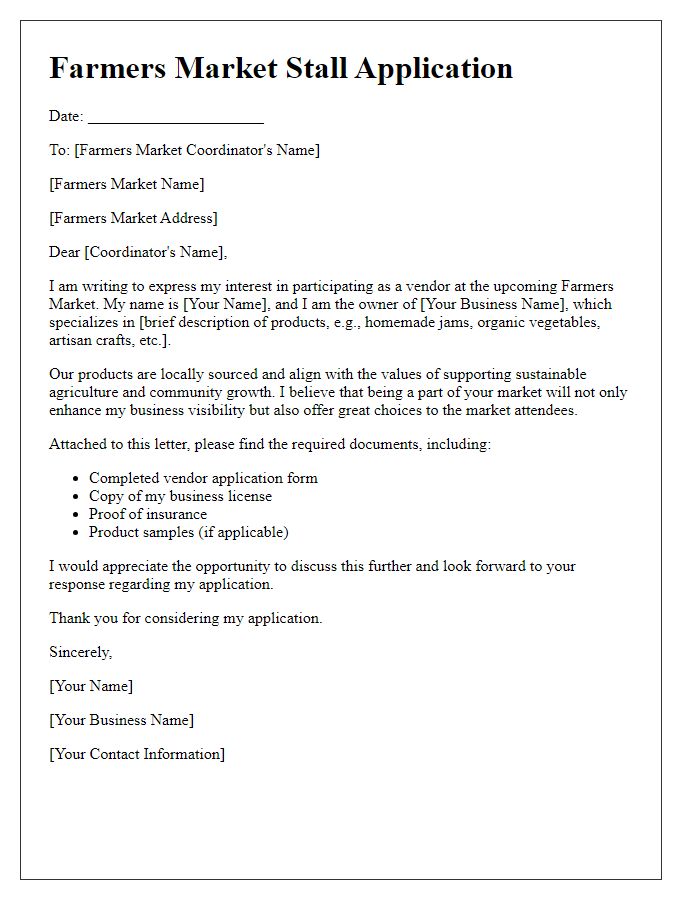 Letter template of festival vendor application for farmers market stalls