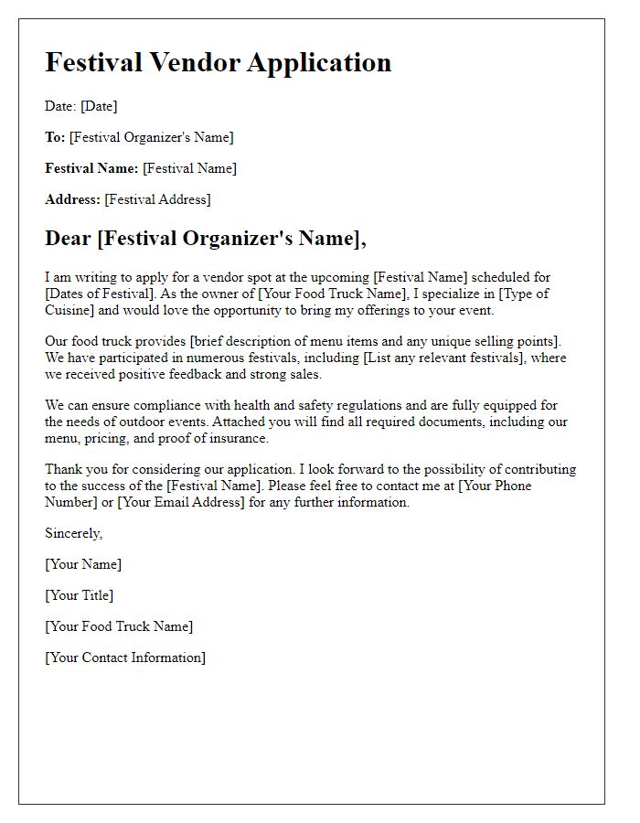 Letter template of festival vendor application for food trucks