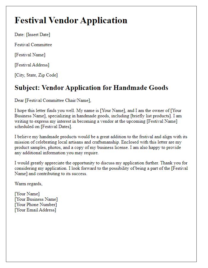 Letter template of festival vendor application for handmade goods