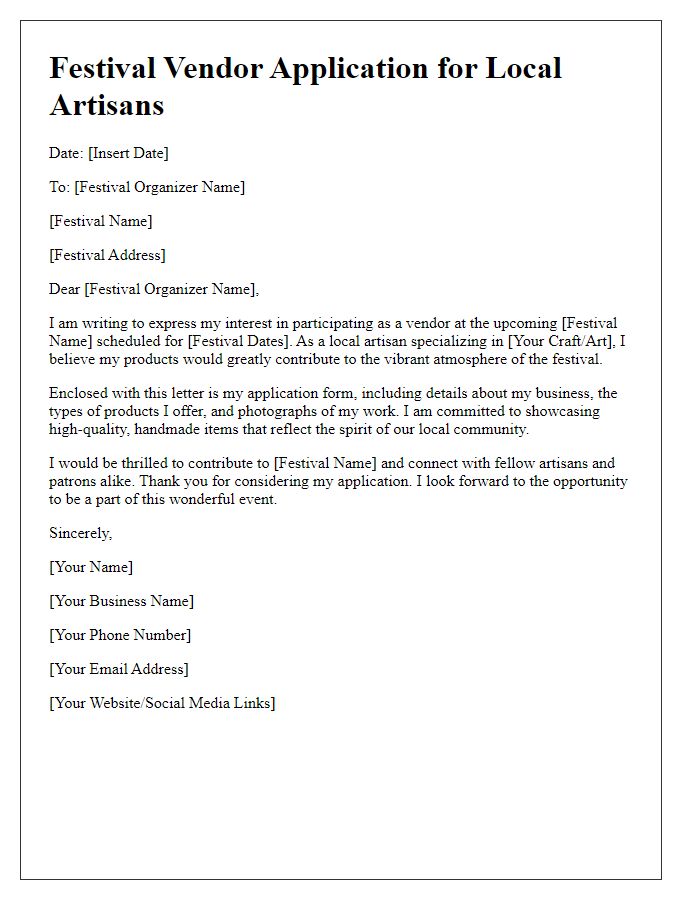 Letter template of festival vendor application for local artisans