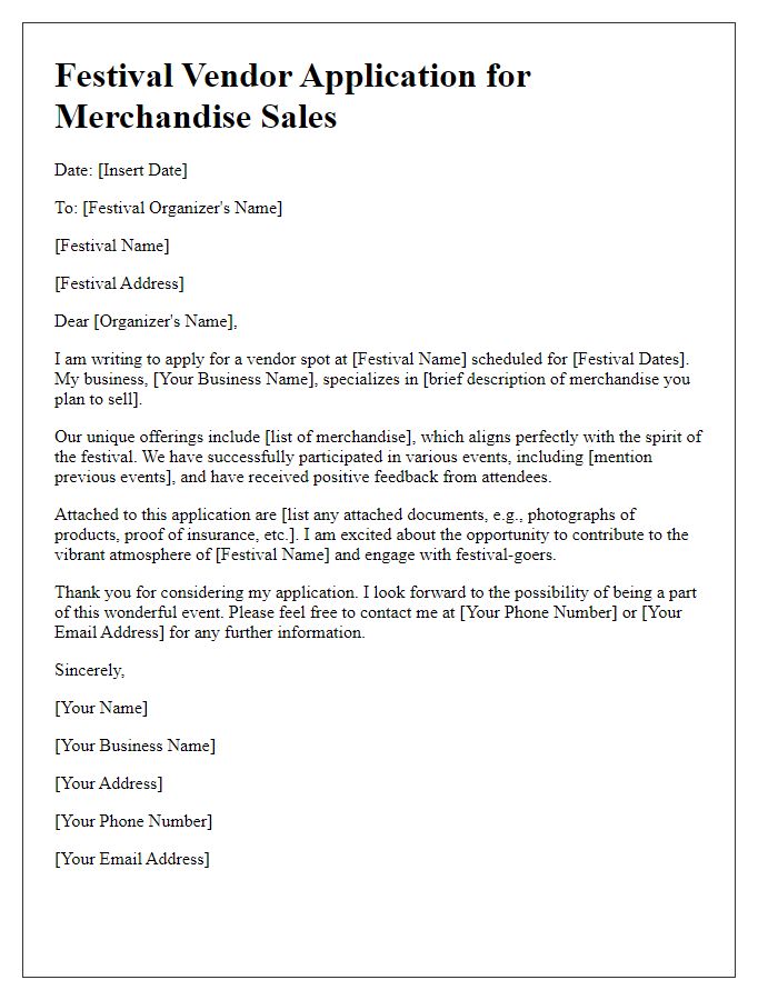 Letter template of festival vendor application for merchandise sales