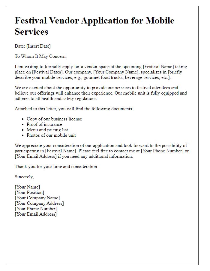 Letter template of festival vendor application for mobile services