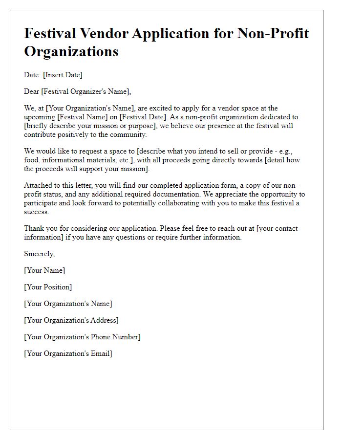 Letter template of festival vendor application for non-profit organizations