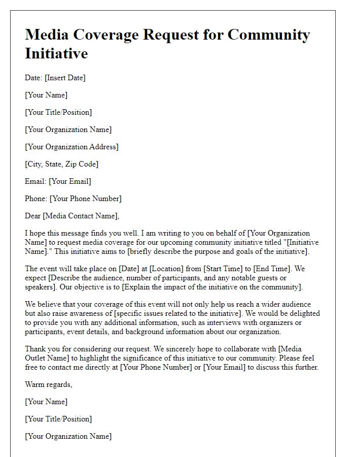 Letter template of media coverage request for a community initiative.