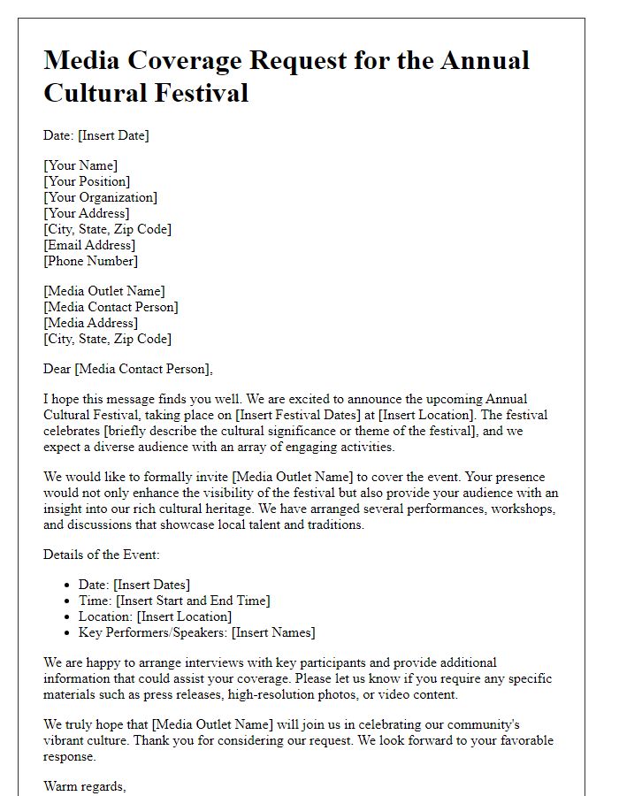 Letter template of media coverage request for a cultural festival.