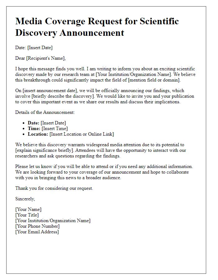 Letter template of media coverage request for a scientific discovery announcement.