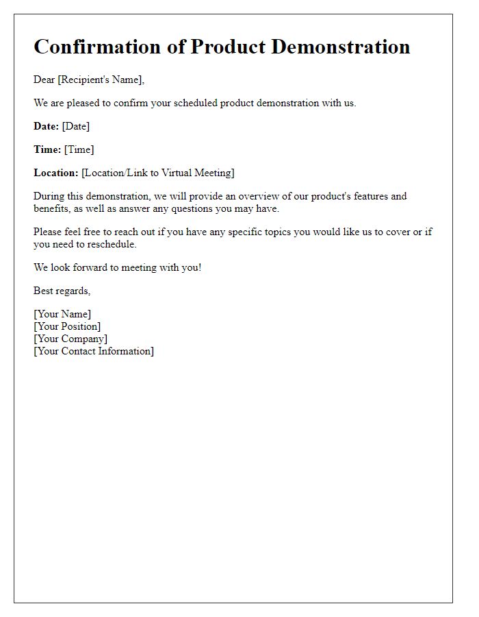 Letter template of confirmation for product demonstration scheduling