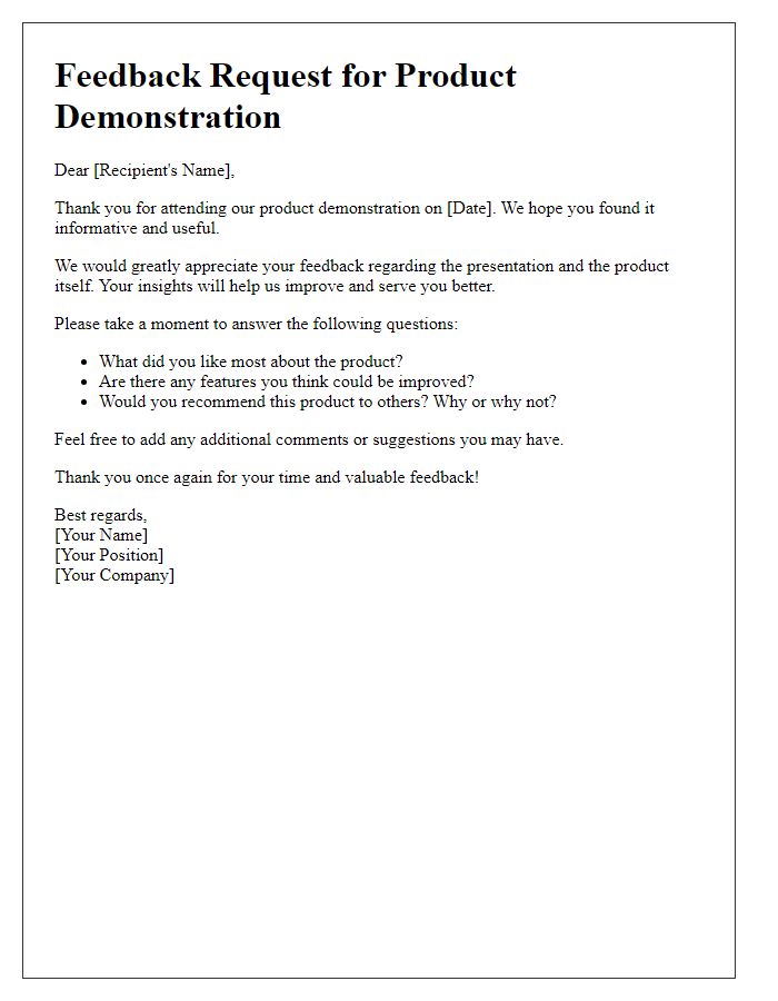 Letter template of feedback request post product demonstration