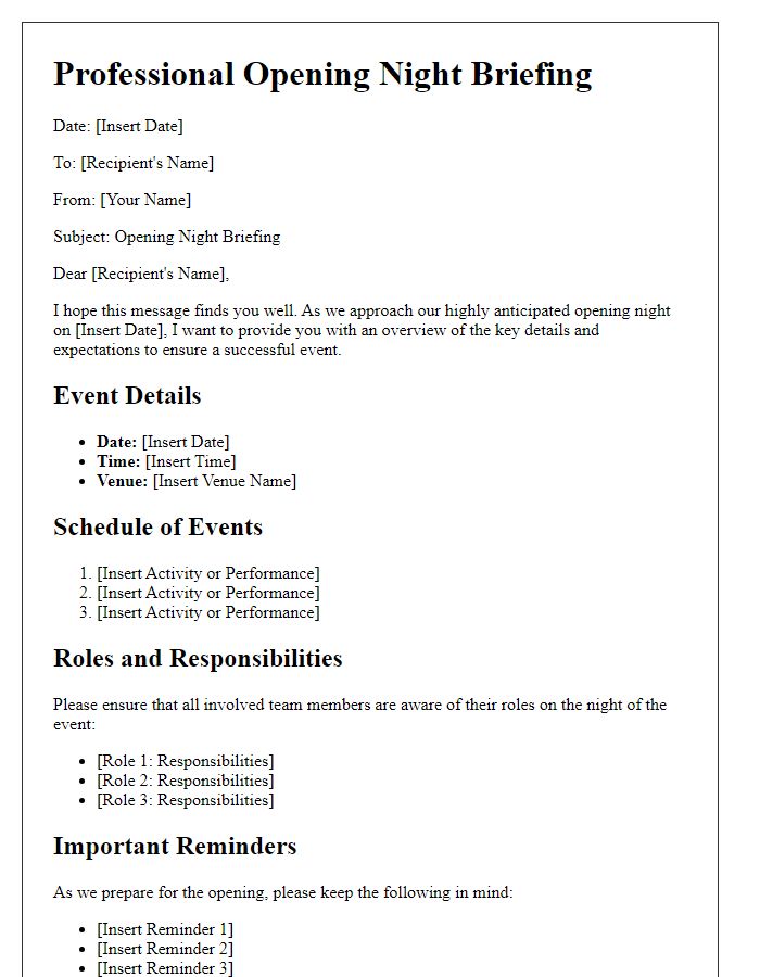 Letter template of Professional Opening Night Briefing