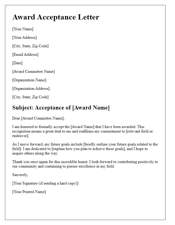 Letter template of award acceptance future goals