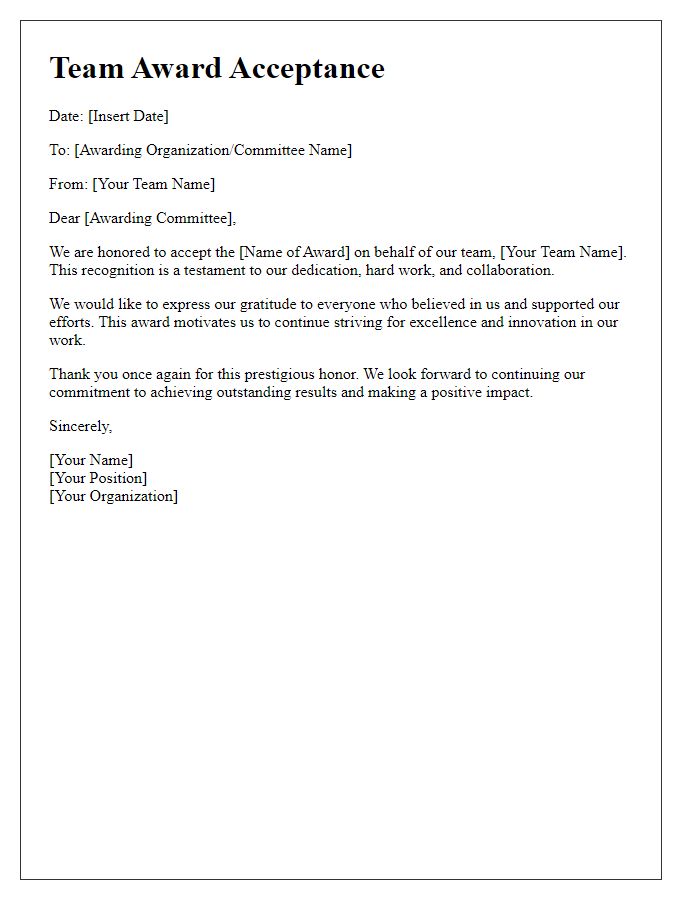 Letter template of award acceptance team recognition