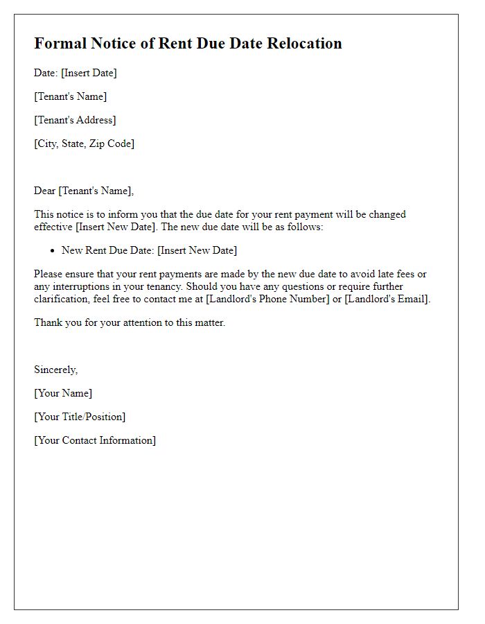 Letter template of formal notice for tenant rent due date relocation