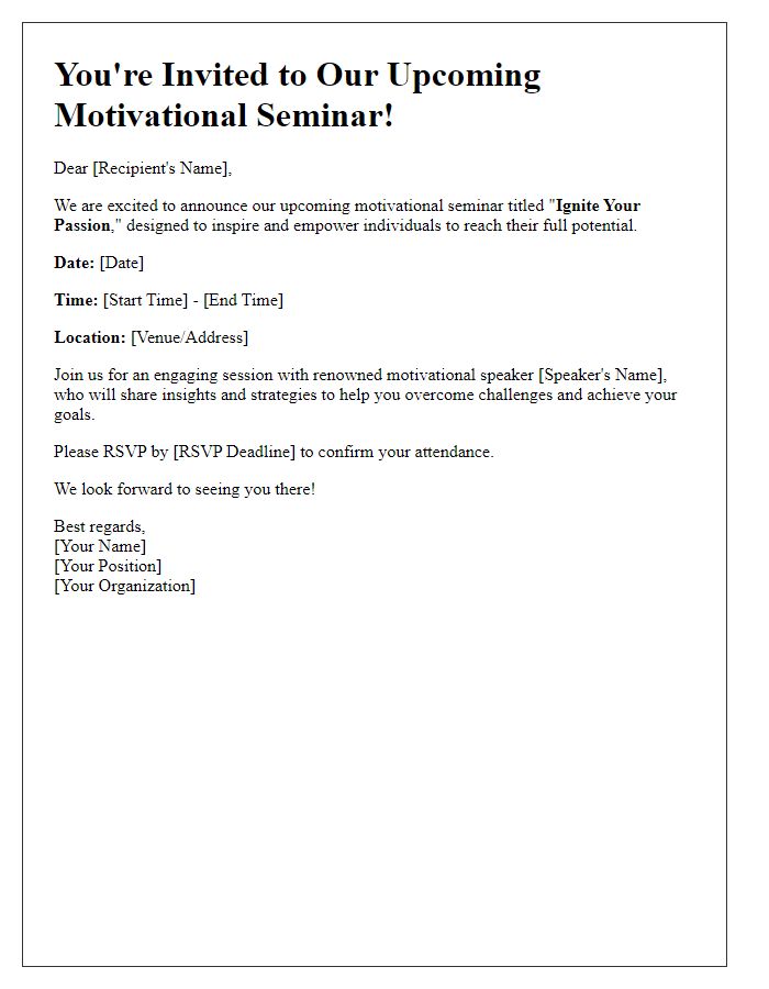 Letter template of announcement for an upcoming motivational seminar.