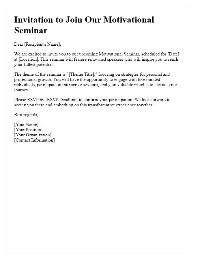 Letter template of call to participate in a motivational seminar.