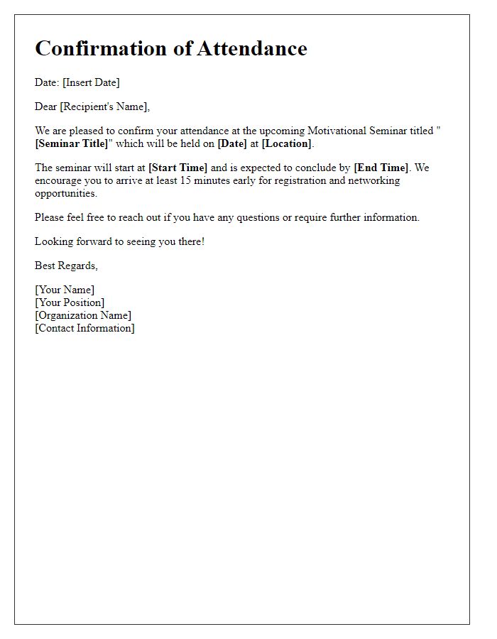 Letter template of confirmation for motivational seminar attendance.