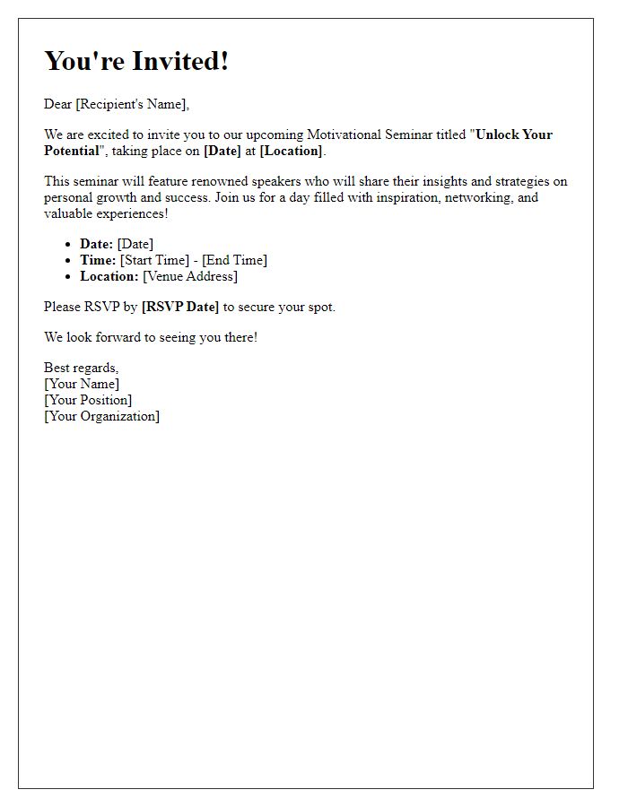 Letter template of invitation for motivational seminar event.