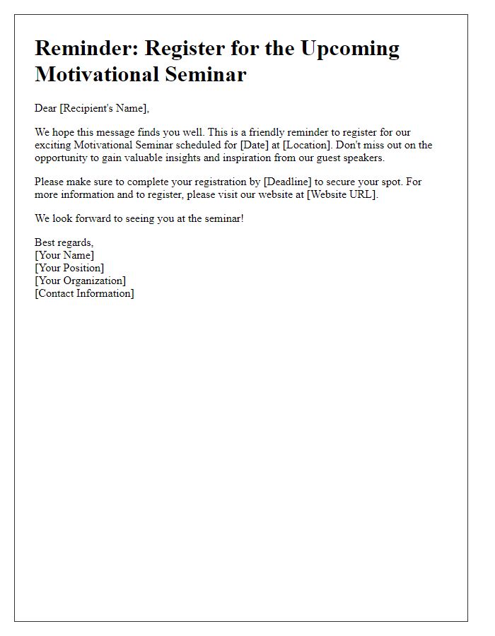 Letter template of reminder for motivational seminar registration.