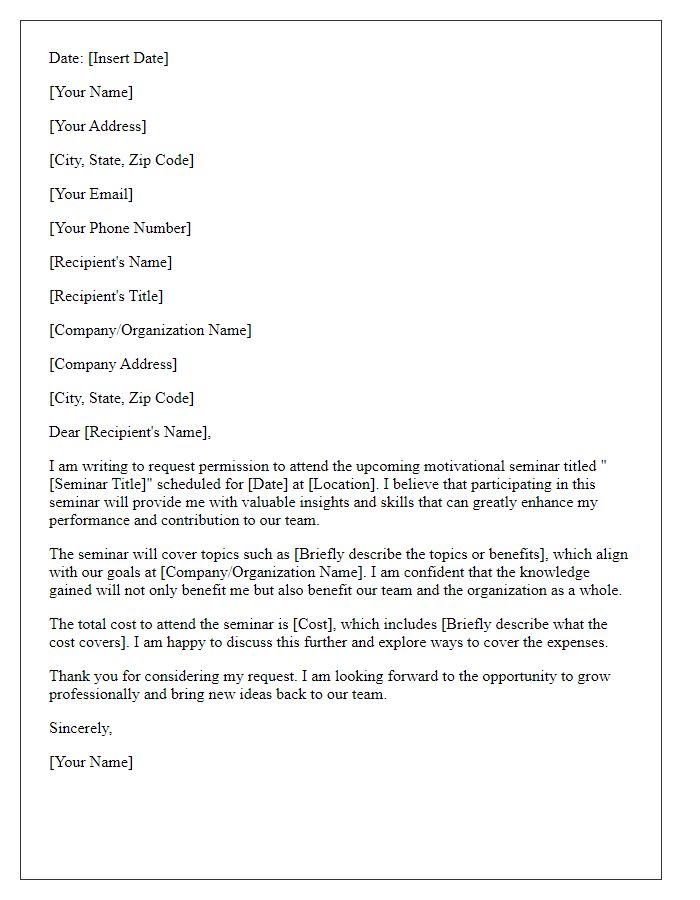 Letter template of request to attend a motivational seminar.