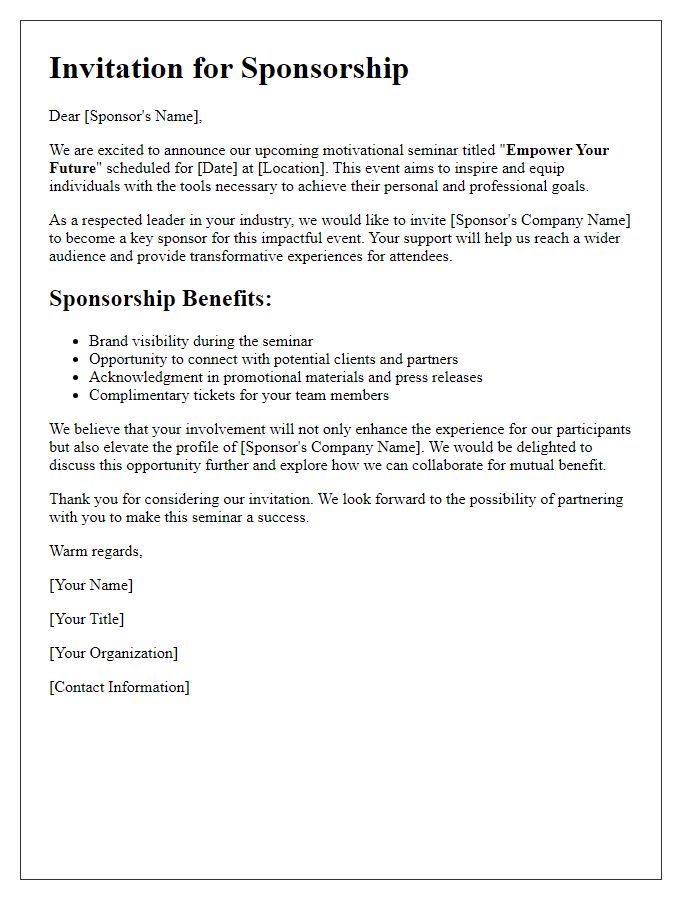 Letter template of sponsorship invitation for a motivational seminar.