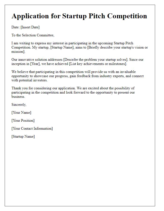 Letter template of startup pitch competition application