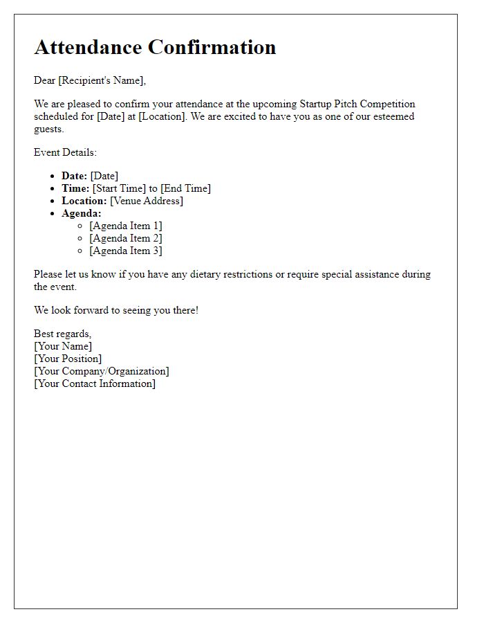 Letter template of startup pitch competition attendance confirmation