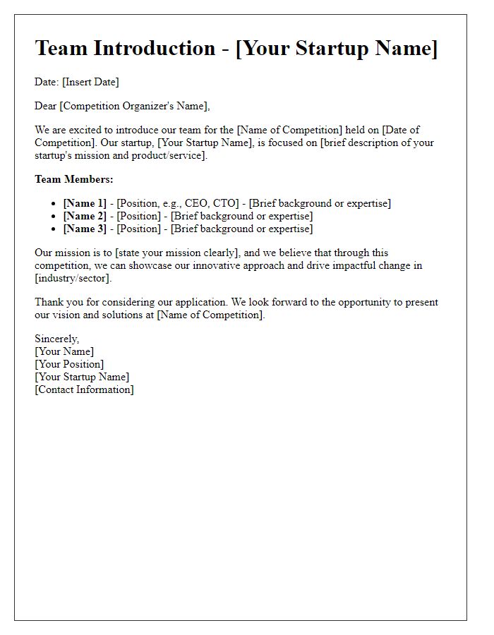 Letter template of startup pitch competition team introduction